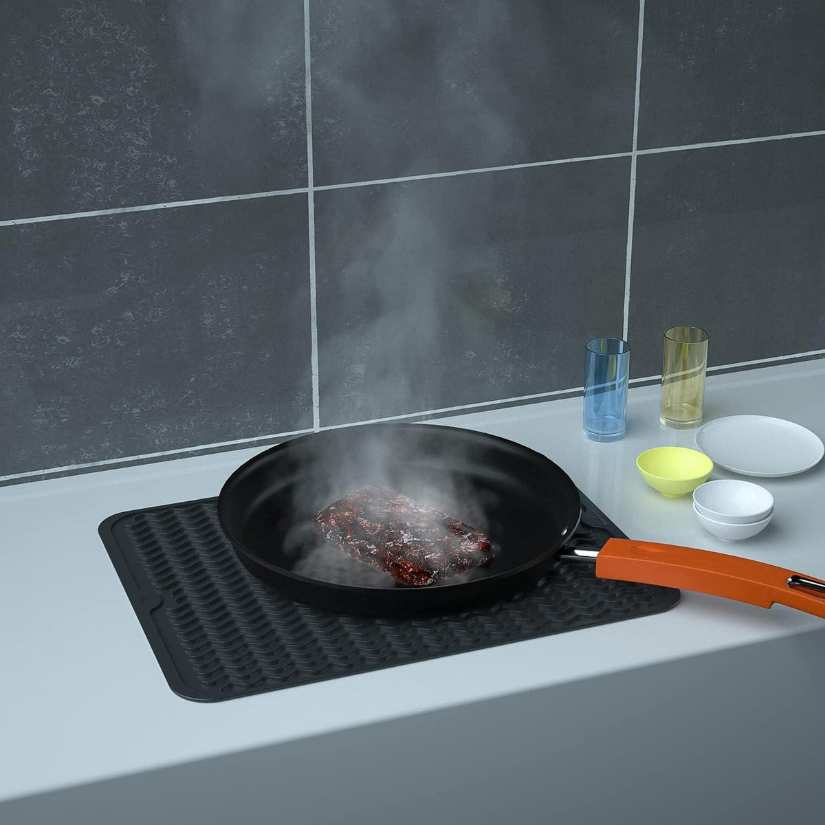 Silikon Abtropfmatte Geschirr 50x40cm BPA-frei Schwarz Trockenmatte