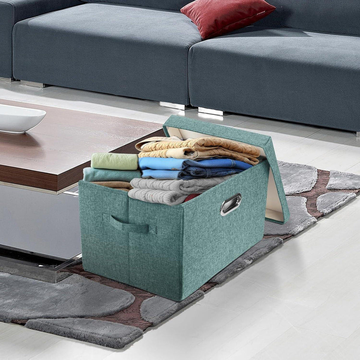 Große Aufbewahrungsbox Stoff Faltbar 35L 5er Set Aqua Deep
