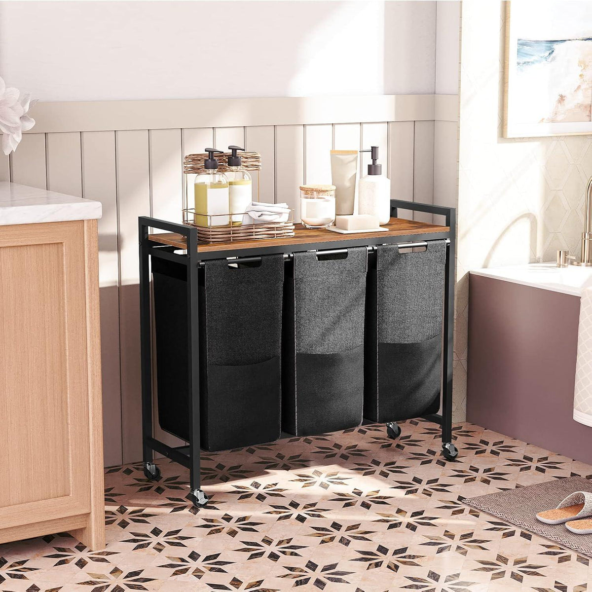 Wäschekorb mit 3 Fächern und Ablage, 3 x 39,8 L, Vintagebraun-Schwarz