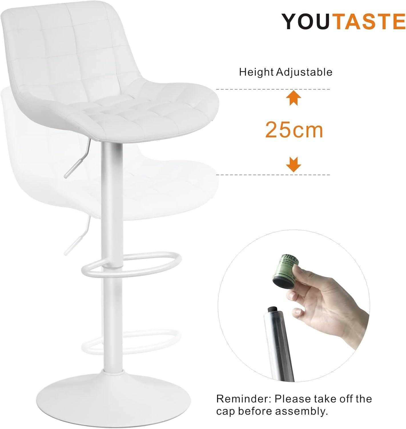 YOUTASTE Barhocker 2er Set, Weiß, Höhenverstellbar, Küchenstühle, Kunstleder