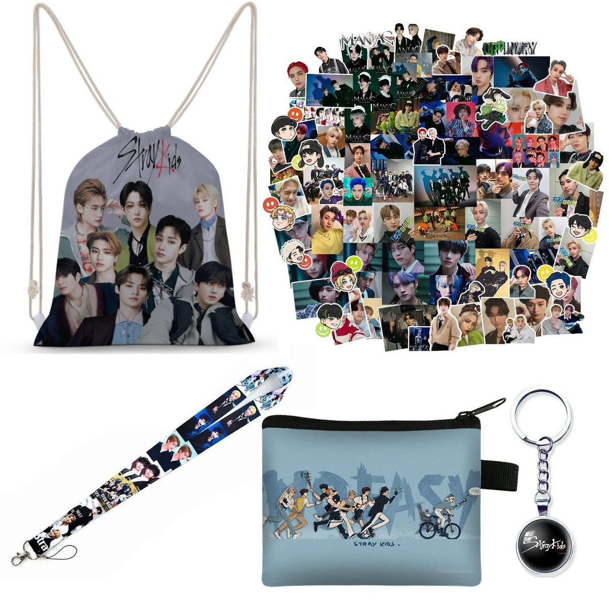 Stray Kids Fanartikel Set: Rucksack, Aufkleber, Lanyard & Tasche