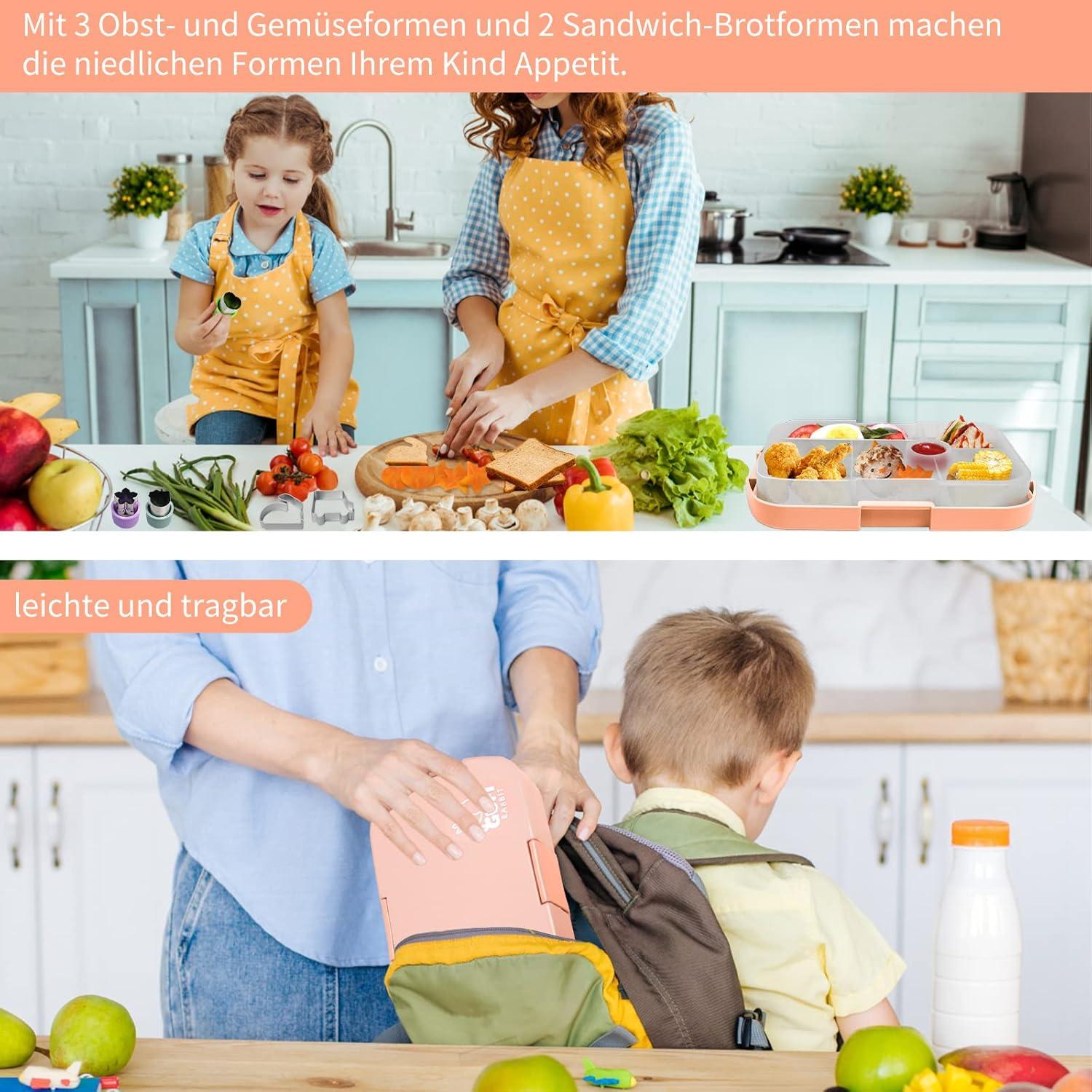 Rodivor Kinder Lunchbox Bento Box 6 Fächer Mikrowelle Mädchen Jungen Orange-rosa
