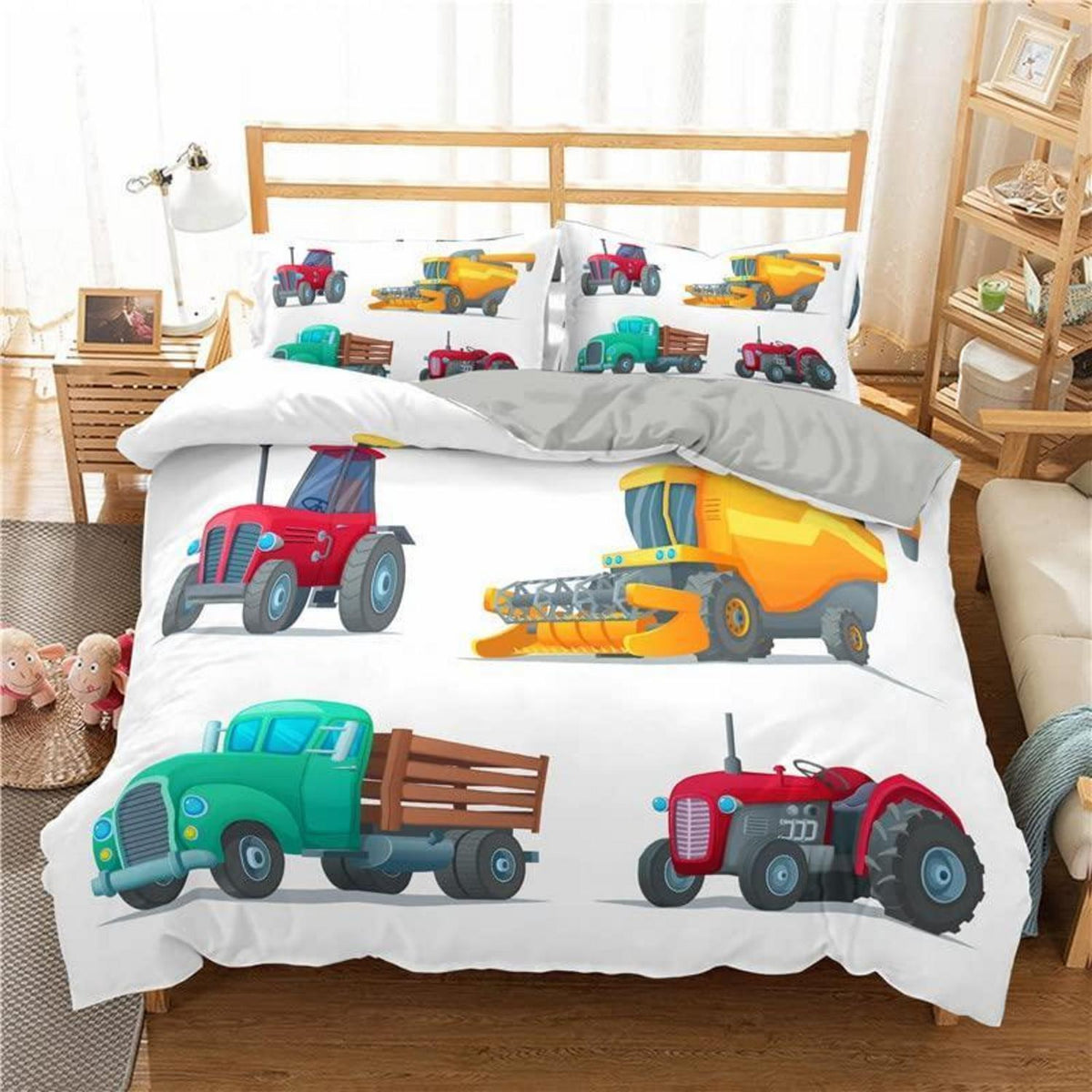 Bettwäsche-Set 200x220cm Grün mit Fahrzeugmotiv & 2 Kissenbezüge