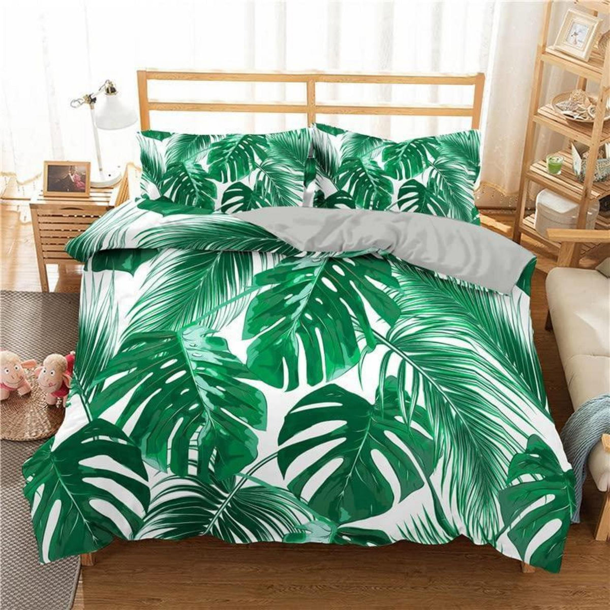 Grüne Bettwäsche-Set 200x220cm mit tropischen Blättern