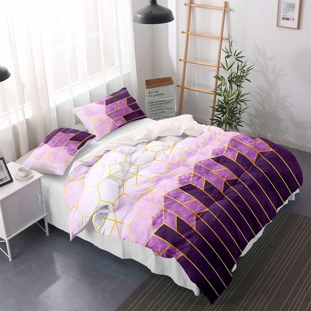 Lila Bettwäsche Set 200x200 | Gestreift Geometrisch, Microfaser