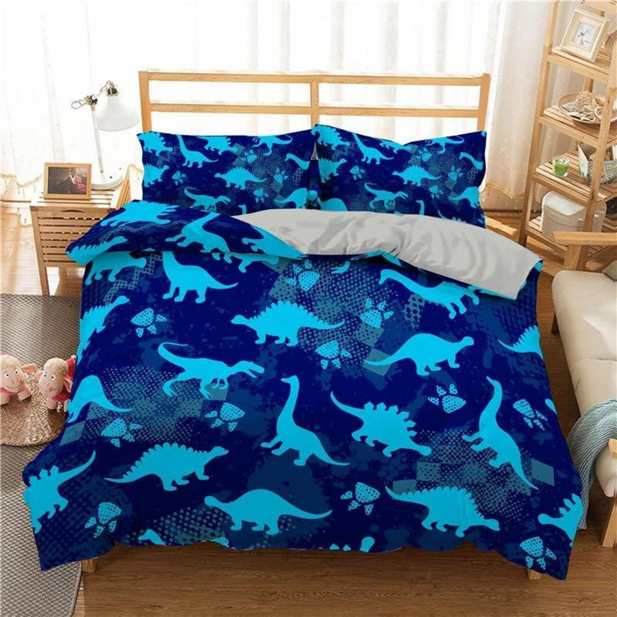 Cartoon Dino Bettwäsche Set 220x240cm – Kinderbettwäsche mit 2 Kissenbezügen
