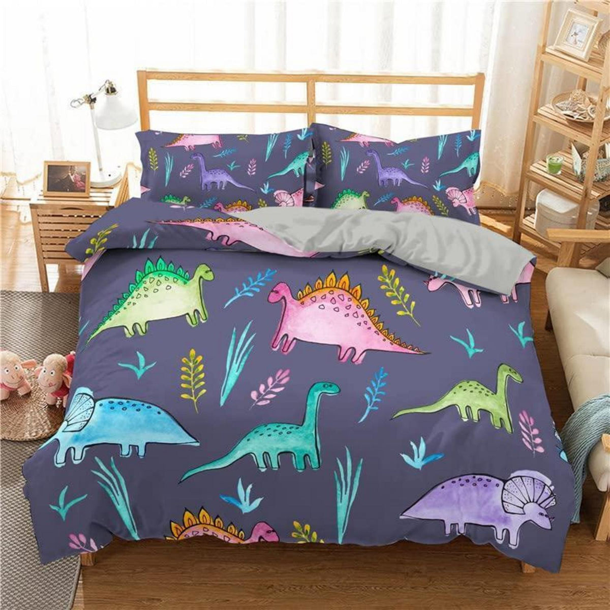 Cartoon Dino Bettwäsche Set 200x220cm – Kinderbettwäsche mit 2 Kissenbezügen