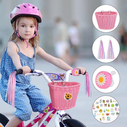 Fahrradkorb Kinder Geflochten Rattan Abnehmbar Riemen in Lederoptik