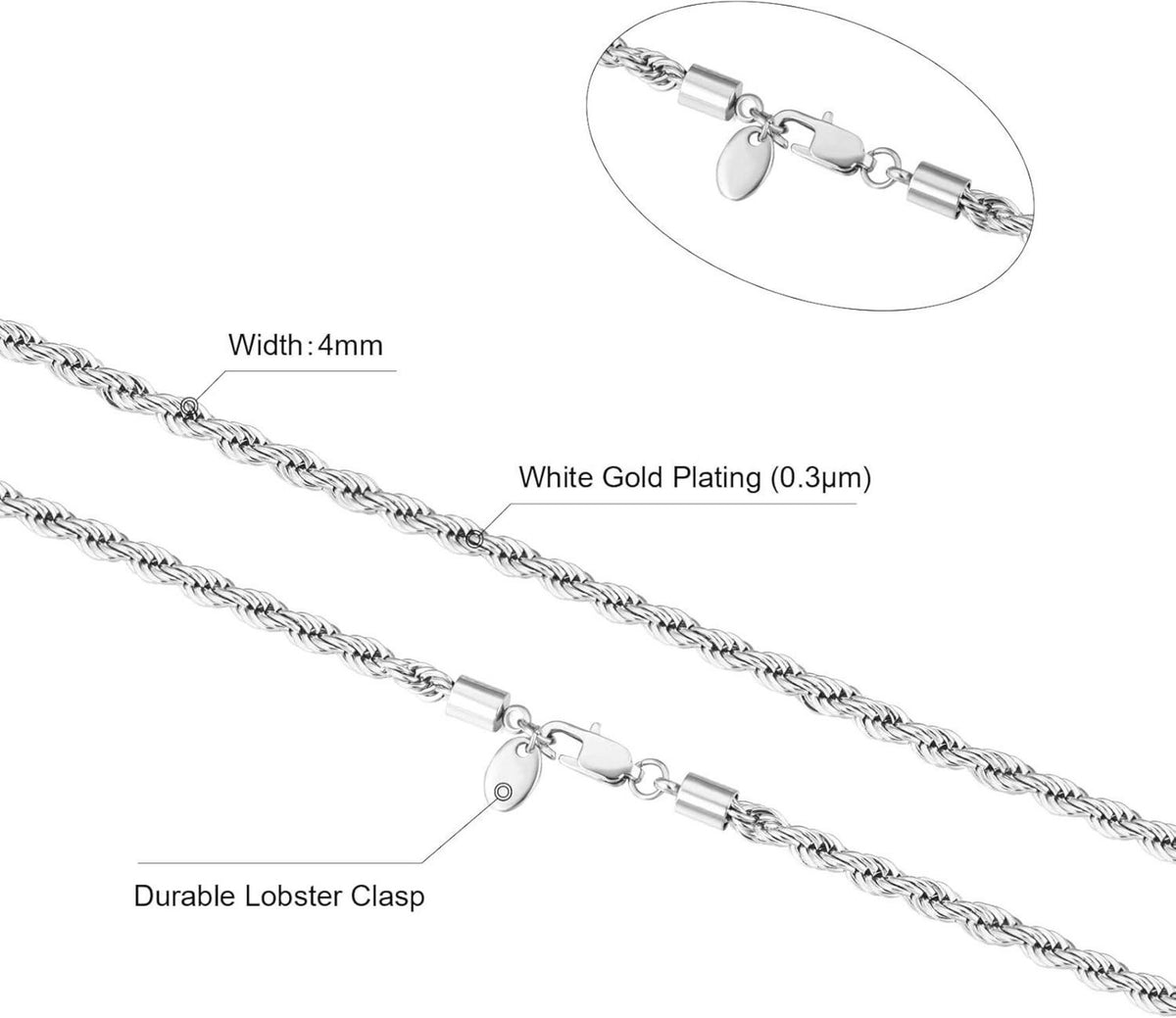 Goldkette 4mm Edelstahl Weißgold beschichtet 61cm Halskette
