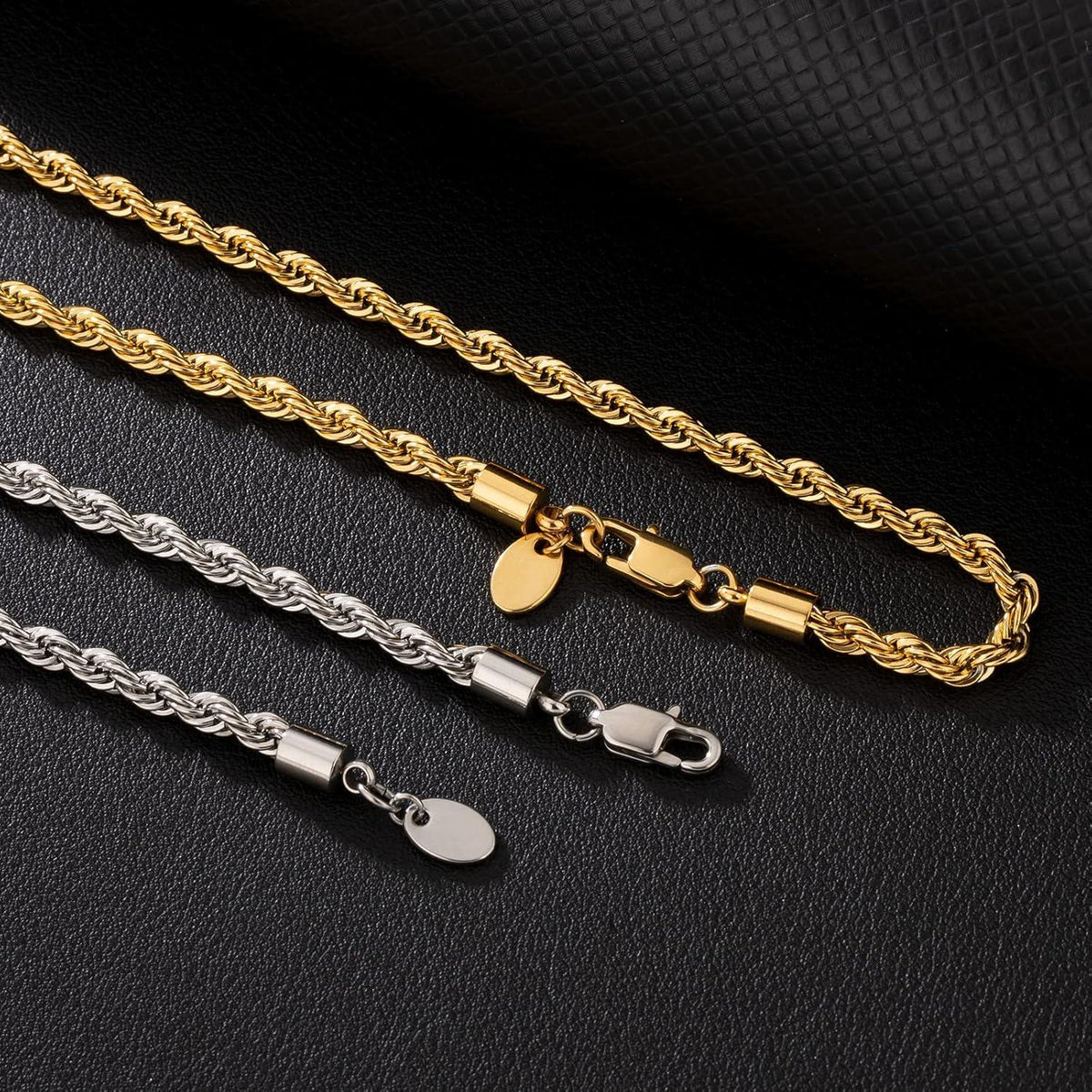Goldkette 4mm Edelstahl Weißgold beschichtet Rope Kette Zopfkette