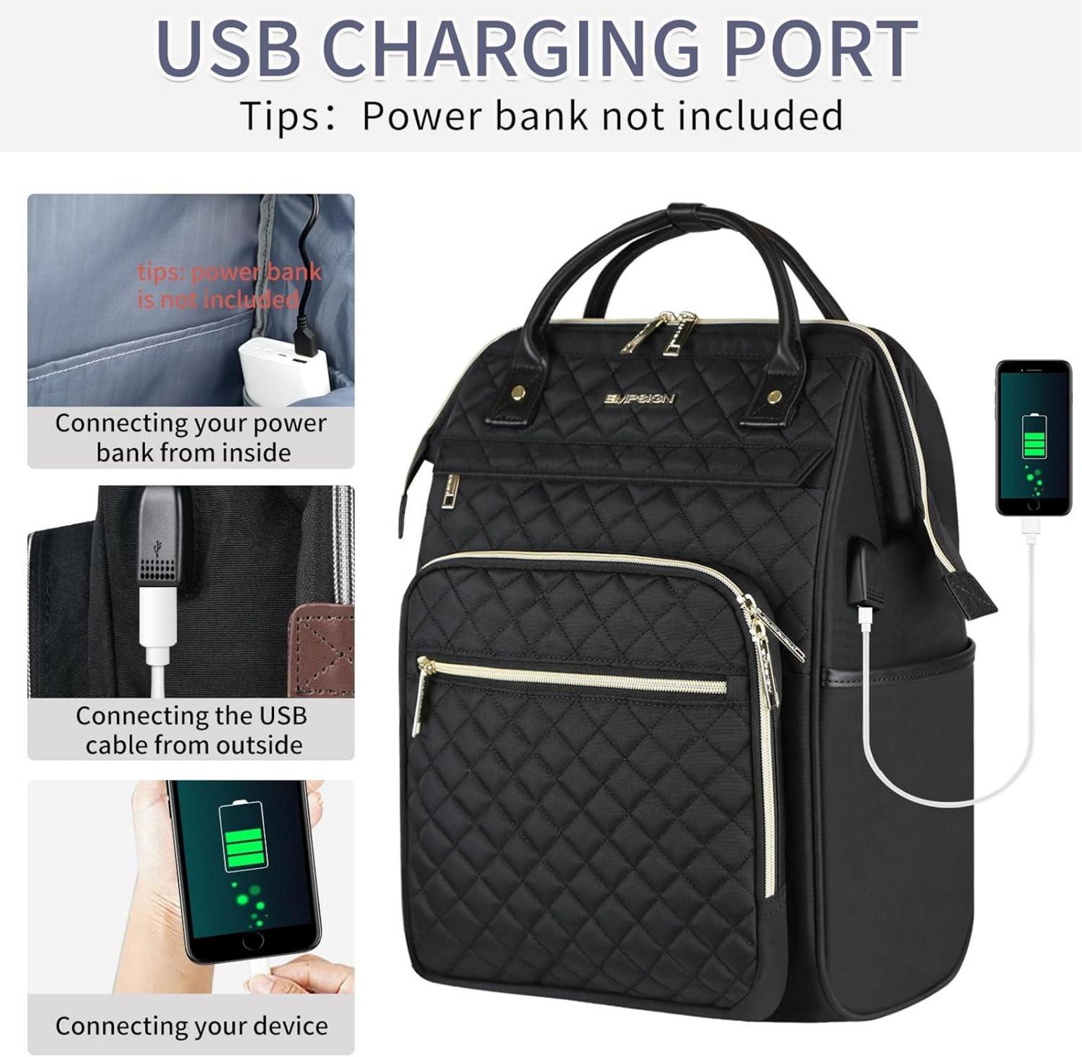 Damen Laptop Rucksack Schwarz USB-Anschluss RFID Schutz 17 Zoll