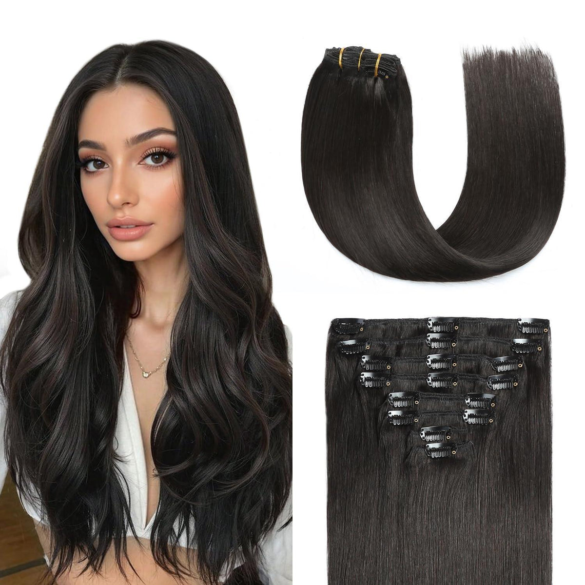 Clip In Echthaar Verlängerung Remy Schwarz 40cm 120g
