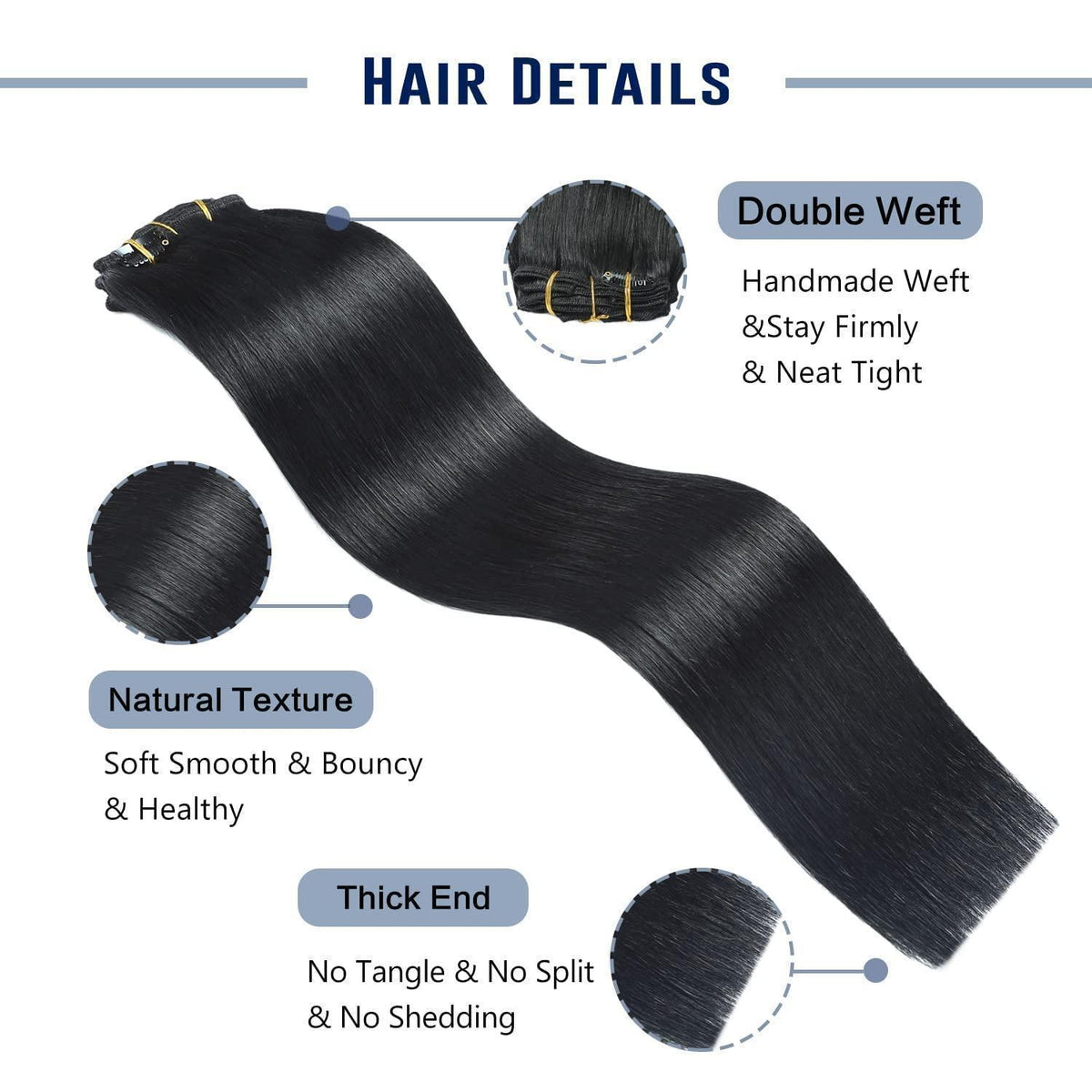Echthaar Verlängerung Clip In – Tiefschwarz Remy Haar 45cm