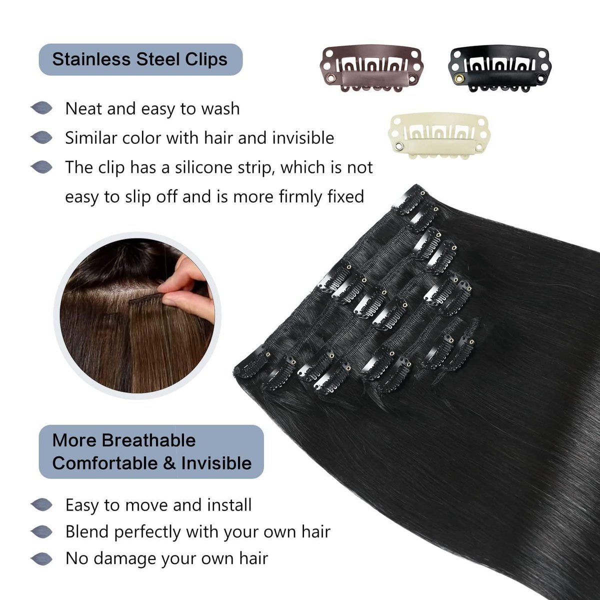 Echthaar Verlängerung Clip In – Tiefschwarz Remy Haar 45cm