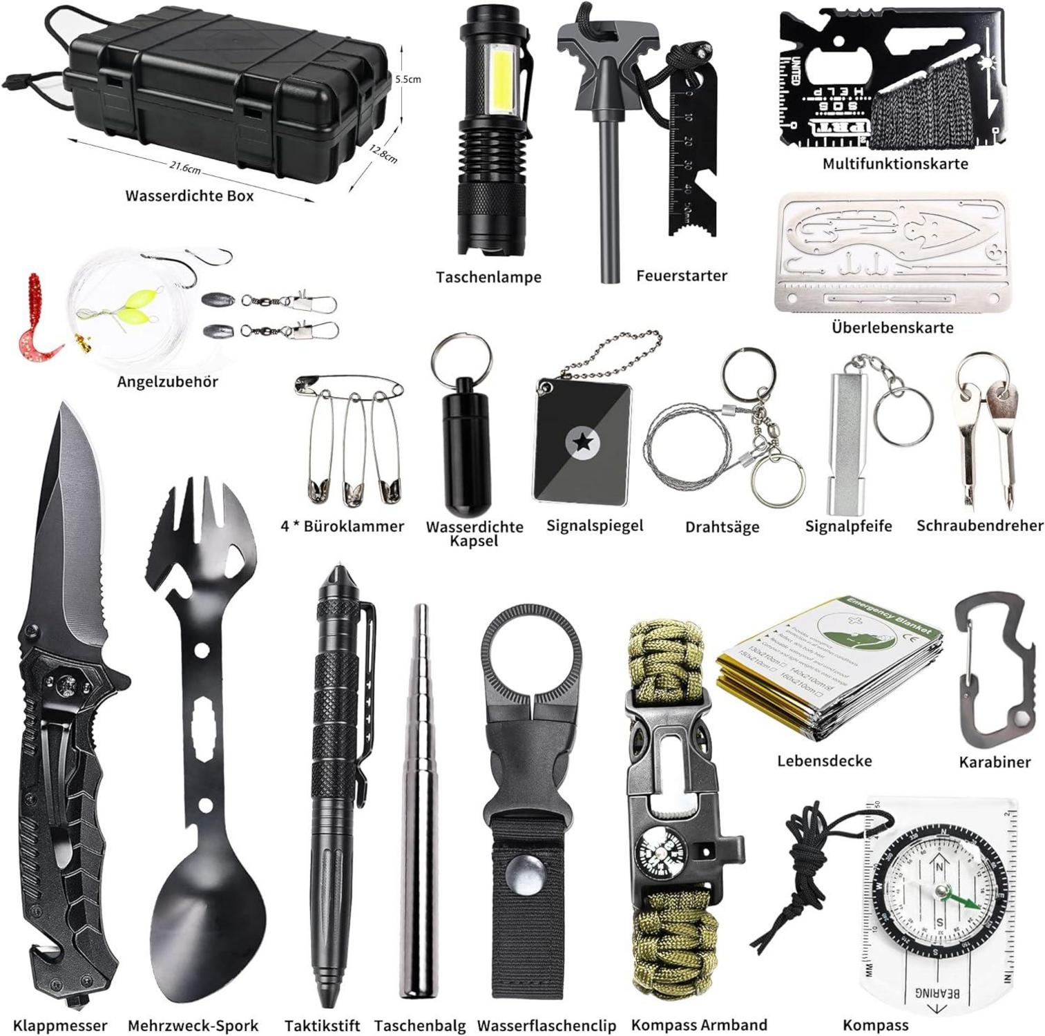 FINIBO Survival Kit 21 in 1 Outdoor Ausrüstung Schwarz