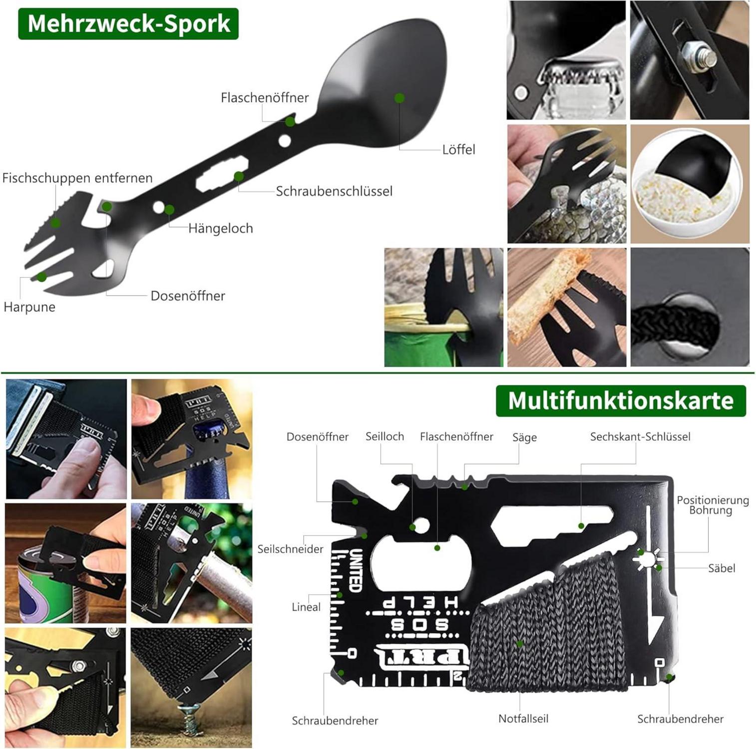 FINIBO Survival Kit 21 in 1 Outdoor Notfall Set Schwarz