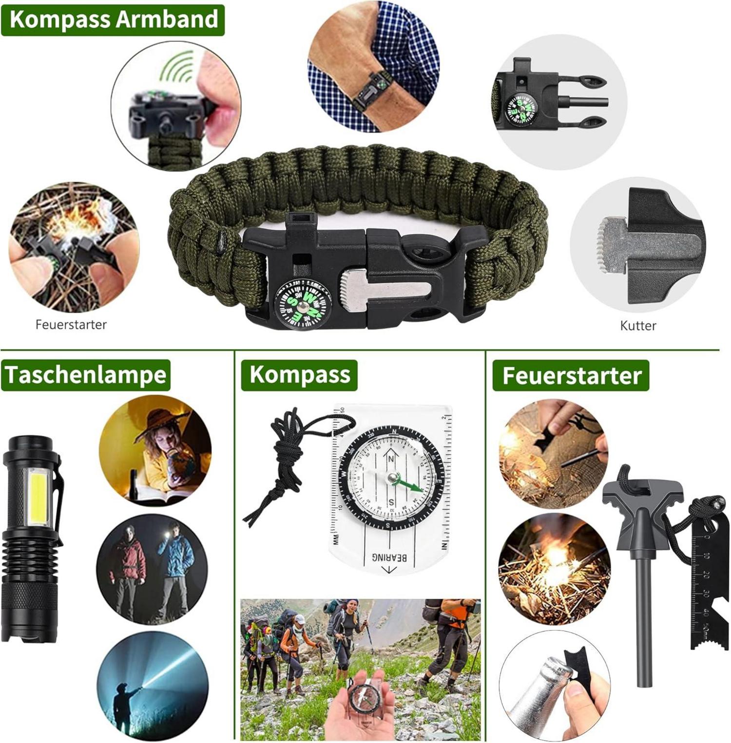 Survival Kit 21in1 Outdoor Ausrüstung Notfall Set Camping Bushcraft Schwarz