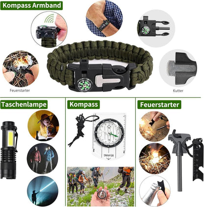 Survival Kit 21in1 Outdoor Ausrüstung Notfall Set Camping Bushcraft Schwarz