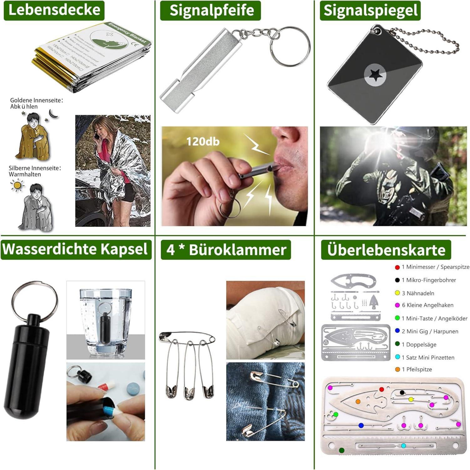 Survival Kit 21in1 Outdoor Ausrüstung Notfall Set Camping Bushcraft Schwarz