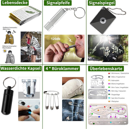 Survival Kit 21in1 Outdoor Ausrüstung Notfall Set Camping Bushcraft Schwarz