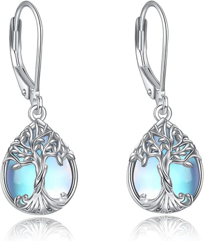 Sterling Silber Teardrop Mondstein Ohrringe Lebensbaum Schmuck