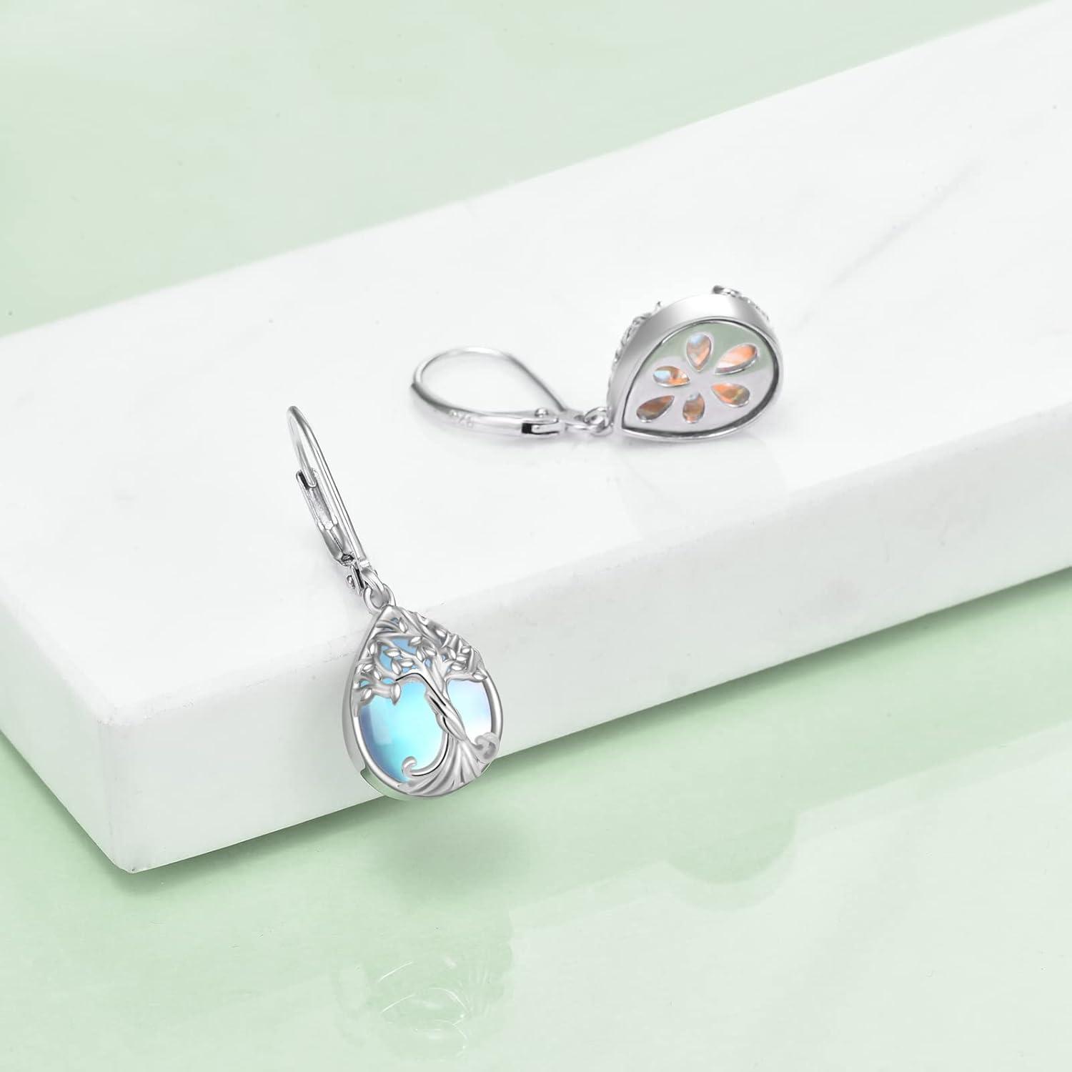 Sterling Silber Teardrop Mondstein Ohrringe Lebensbaum Schmuck