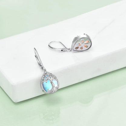 Sterling Silber Teardrop Mondstein Ohrringe Lebensbaum Schmuck