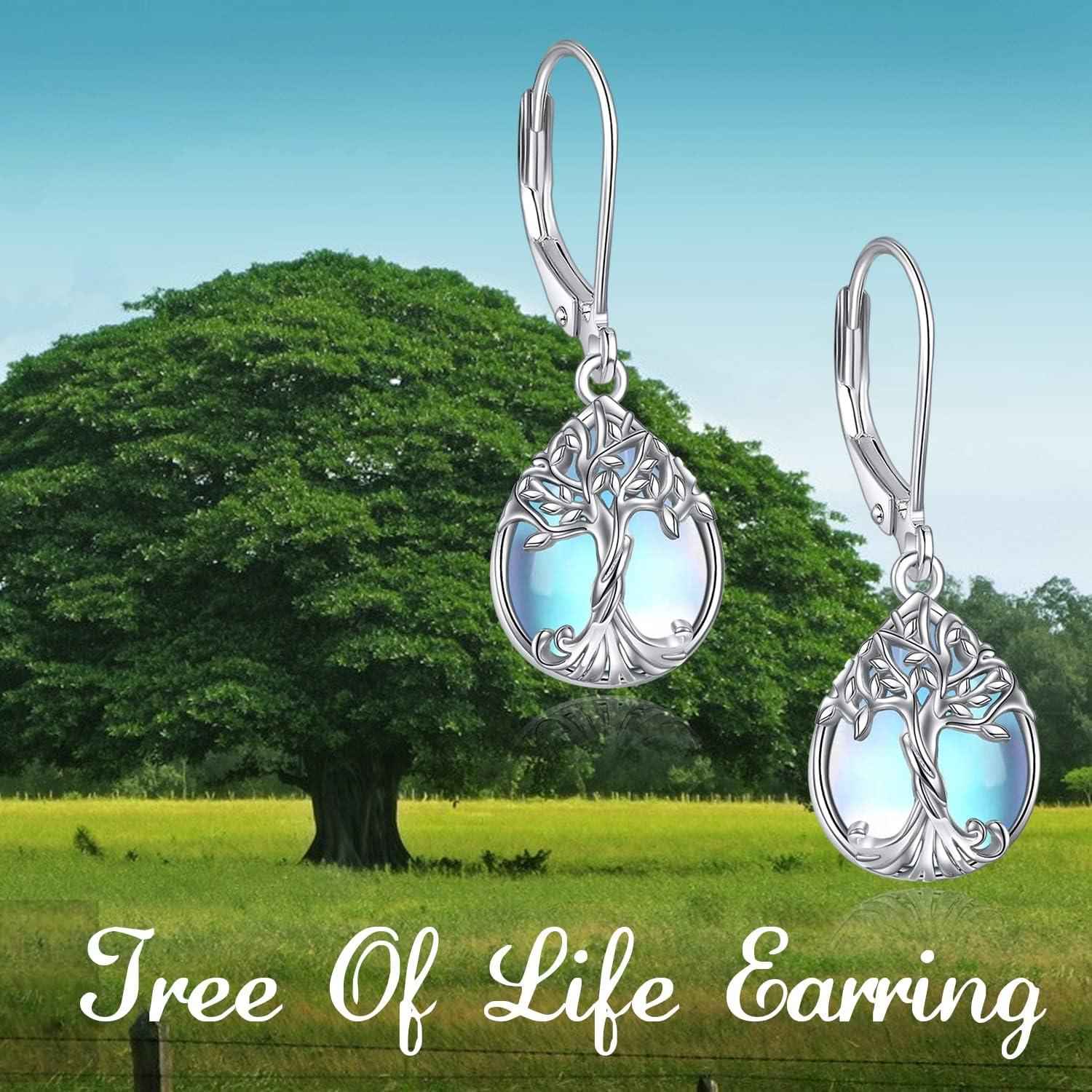Sterling Silber Teardrop Ohrringe Baum des Lebens Mondstein Leverback