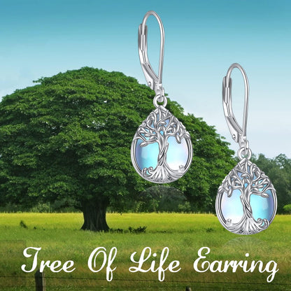 Sterling Silber Teardrop Ohrringe Baum des Lebens Mondstein Leverback