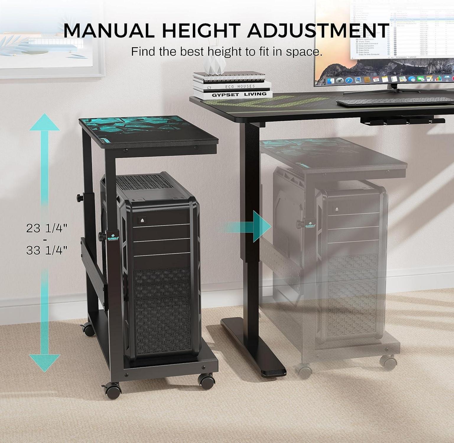 Höhenverstellbarer CPU Tower Ständer mit Rollen & Mauspad - Schwarz