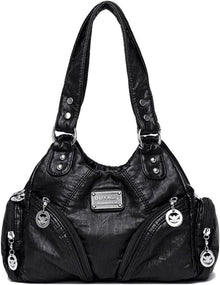Schwarze Retro Damen Handtasche PU Leder Schultertasche Henkeltasche