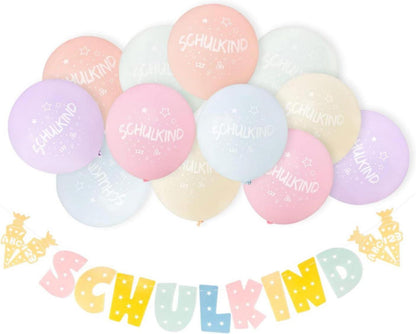 Einschulung Deko Mädchen Pastell Girlande Luftballons 13-teilig