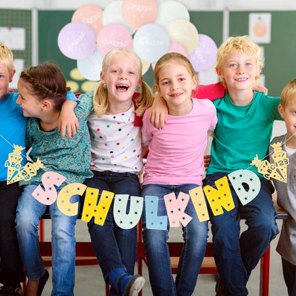 Einschulung Deko Mädchen Girlande Banner 12 Luftballons Filz Pastell