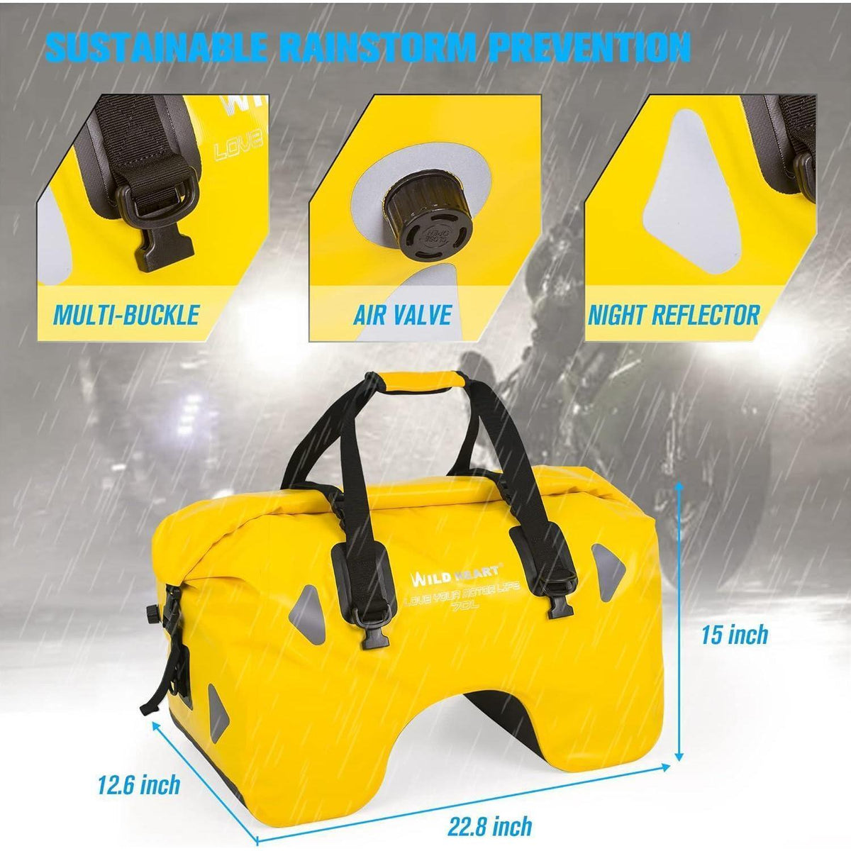 Wasserdichte Motorrad-Hecktasche 70L mit Seilriemen – Gelb
