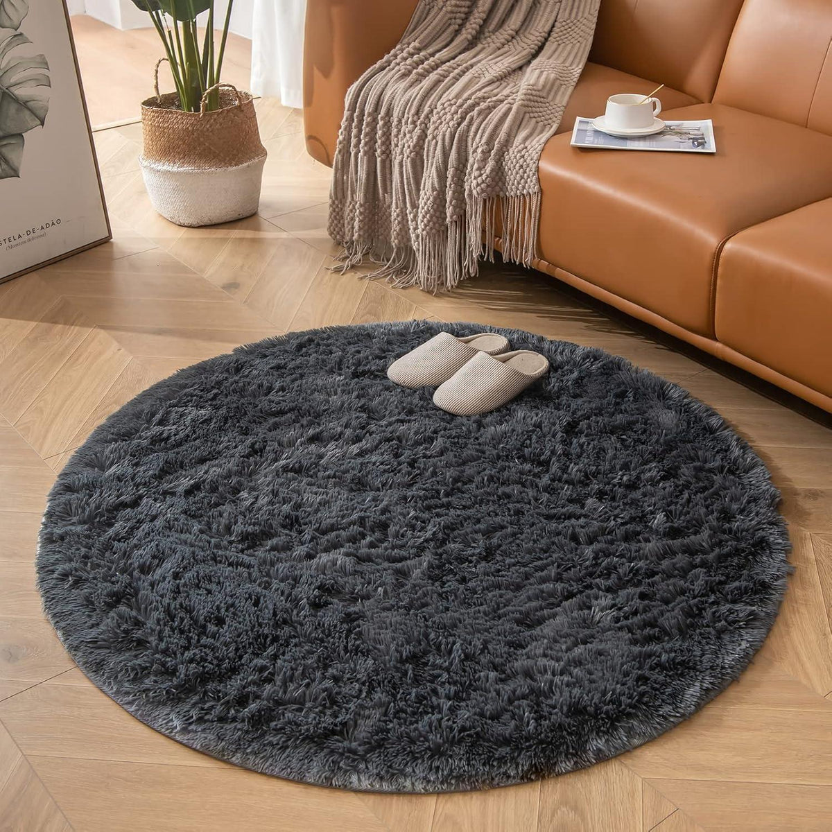 Runder Teppich Grau 120cm - Hochflor Shaggy Wohnzimmer Teppich