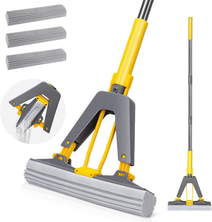 Bodenwischer Set mit 3 PVA Schwamm Kopfe, Auswringfunktion