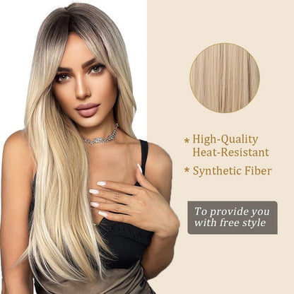 Lange Ombre Blonde Synthetische Perücke mit Seitenscheitel und Pony für Frauen
