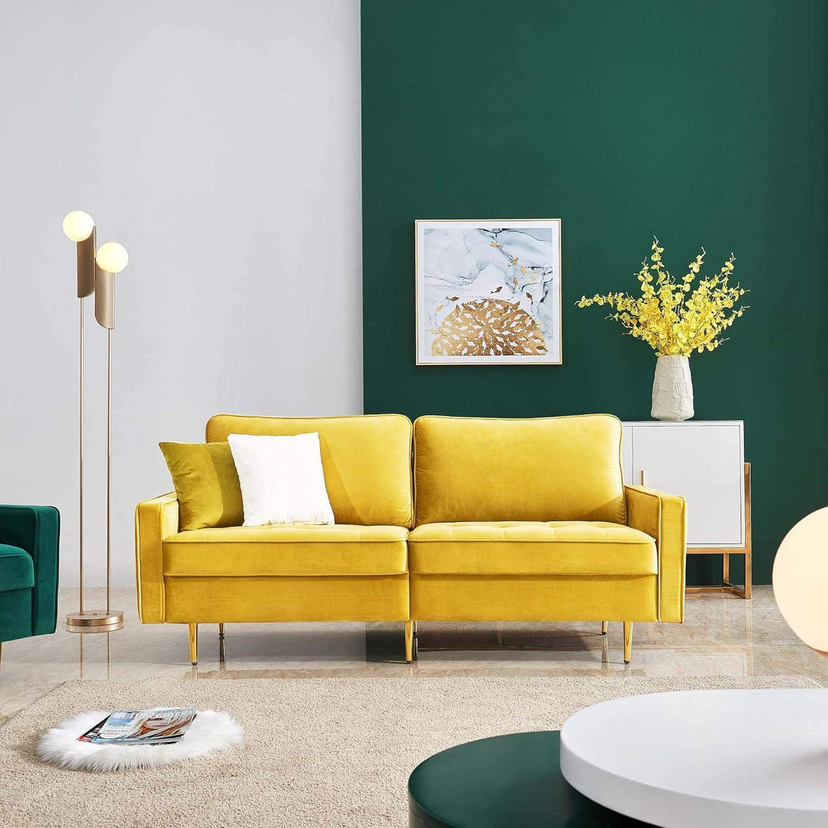 Modernes Samt Sofa 2-Sitzer – Gelb, Einfach Aufbauen