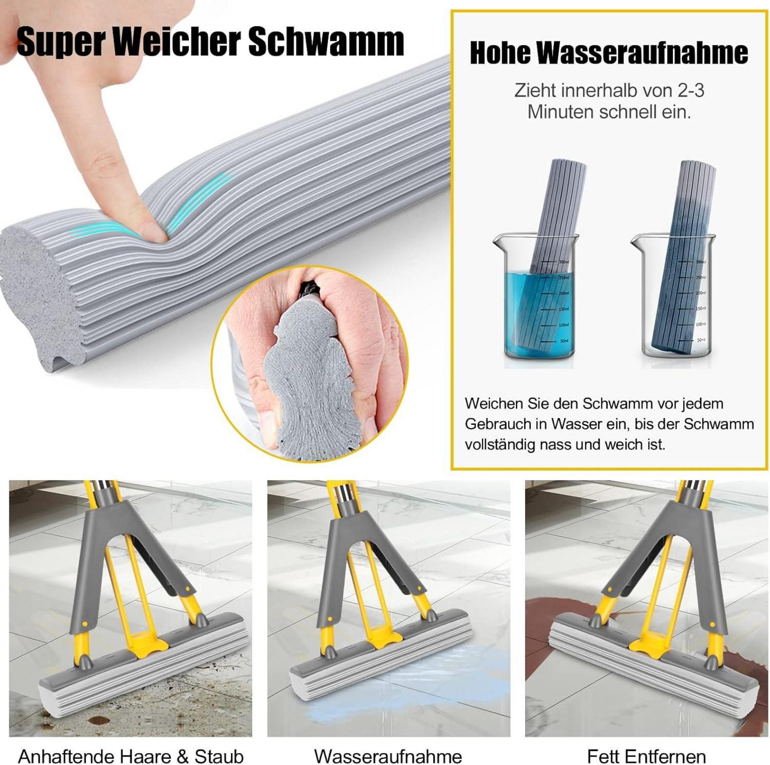 Myiosus Wischmopp mit Auswringfunktion und 3 PVA-Schwamm-Köpfen