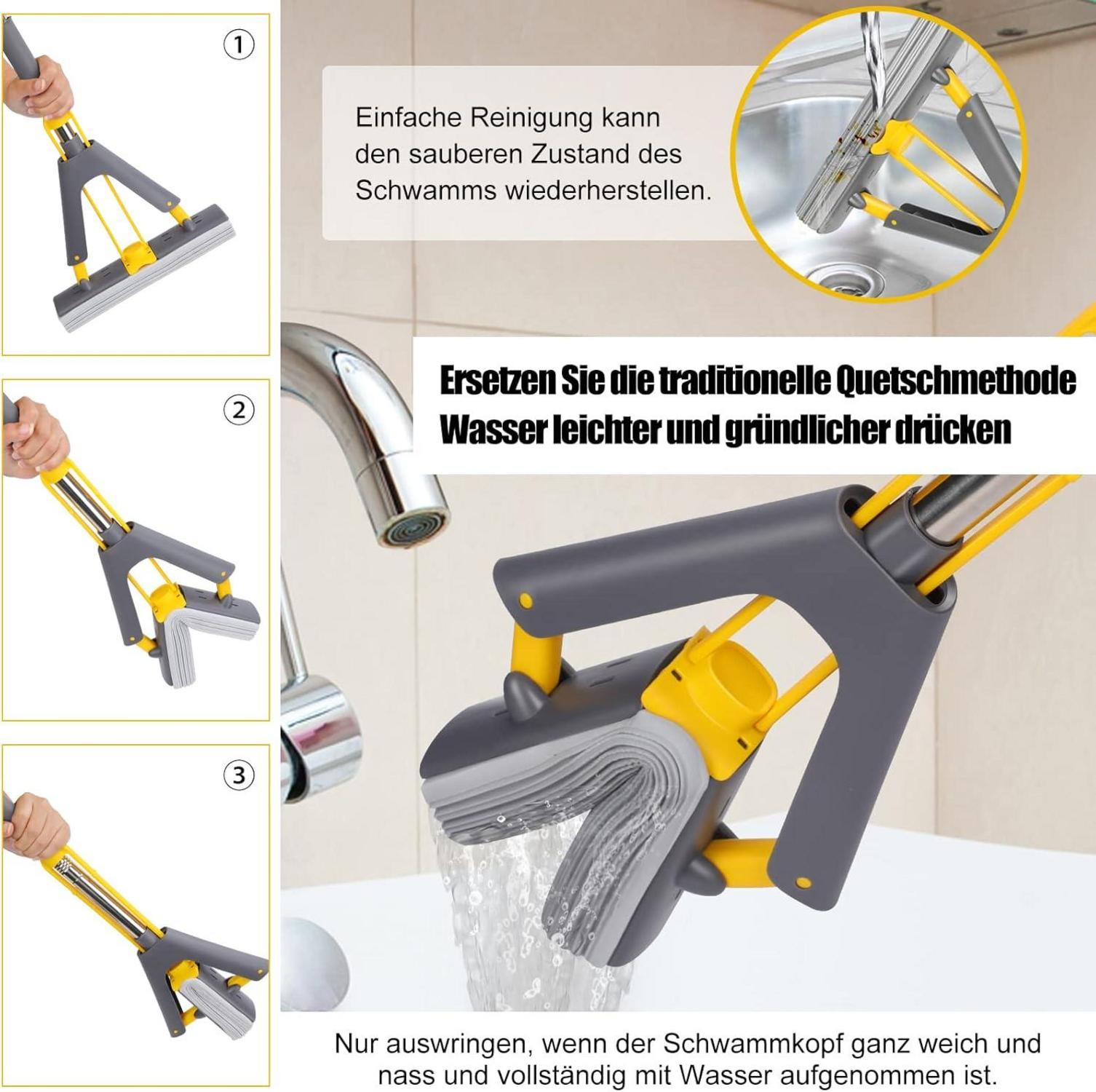Wischmopp mit Auswringfunktion, Schwamm Bodenwischer mit PVA, 3