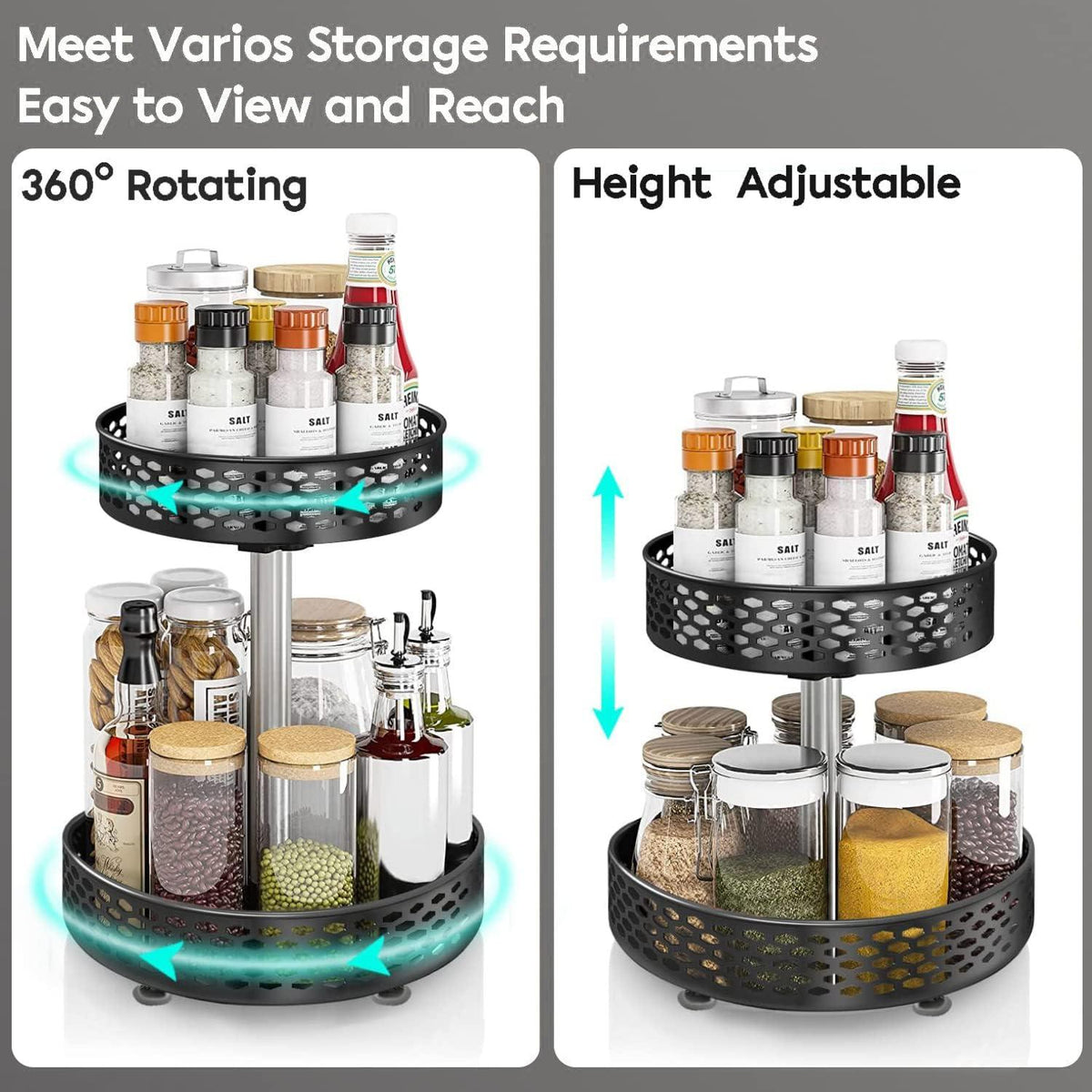 360° Drehbares Gewürzregal 2 Tier Schwarz - Küchen Organizer