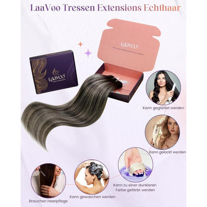 Echthaar Tressen Balayage Schwarz Silber 55cm - 100g
