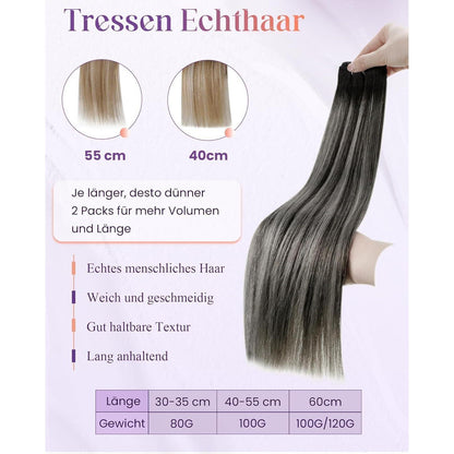 Echthaar Tressen Schwarz Ombre Silber 40cm - 100g