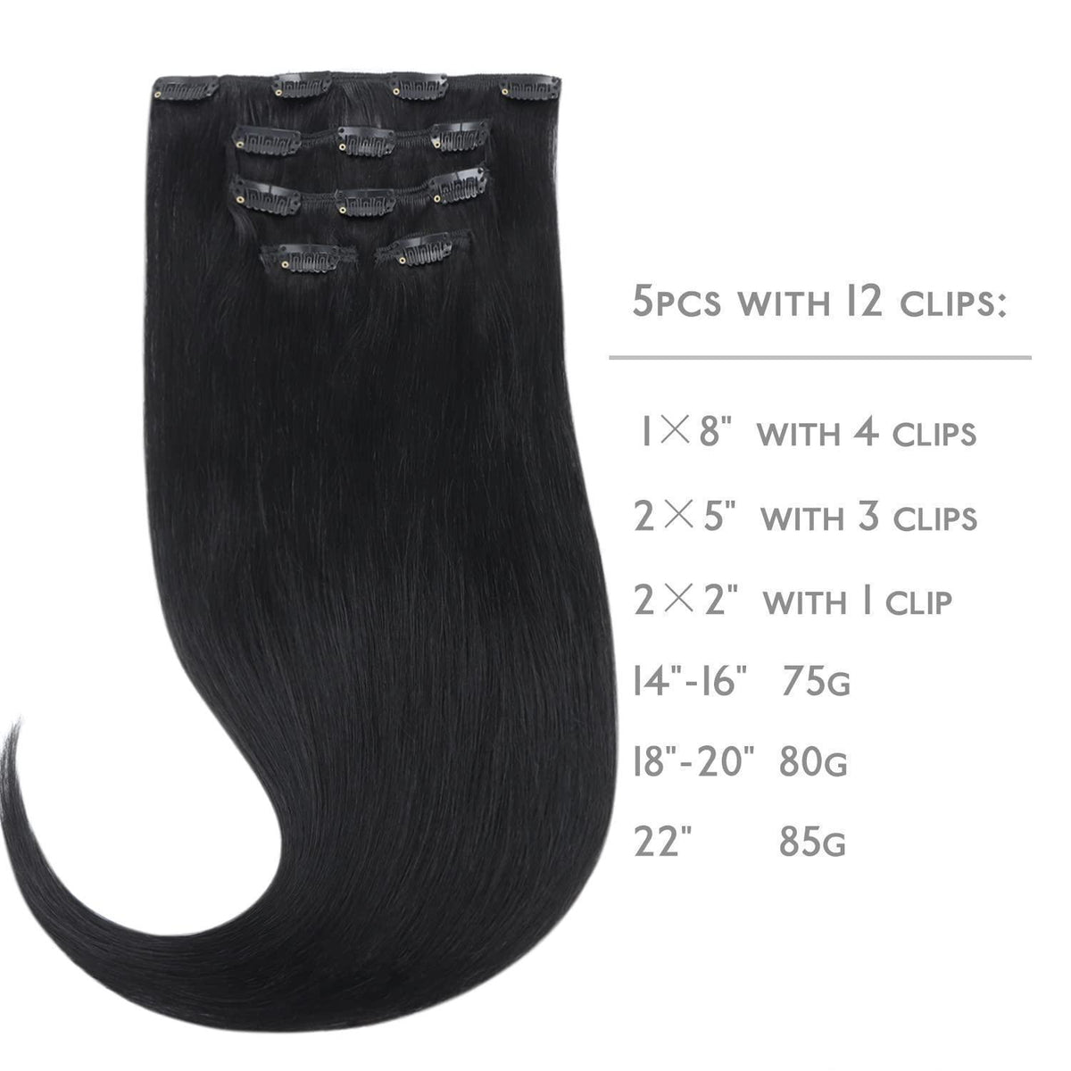 Clip-in Echthaarverlängerung Tief Schwarz 40cm - 75g