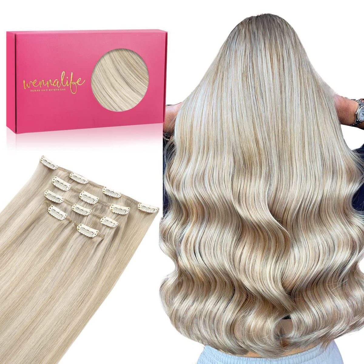 Echthaar Clip-in Extensions Aschblond Highlights Platinblond 50cm