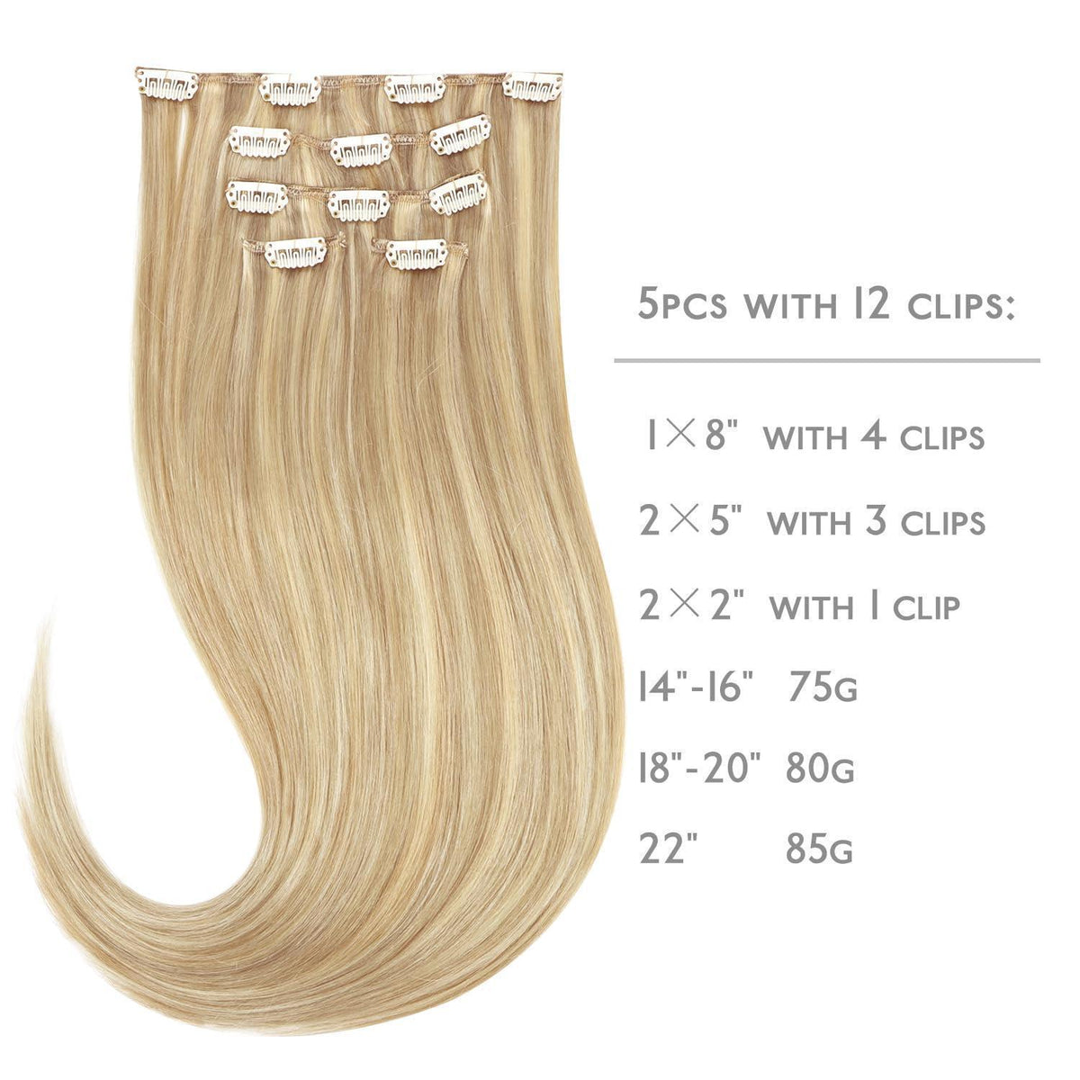 Clip-in Echthaarverlängerungen 35cm Hellblond Highlights Goldblond 75g