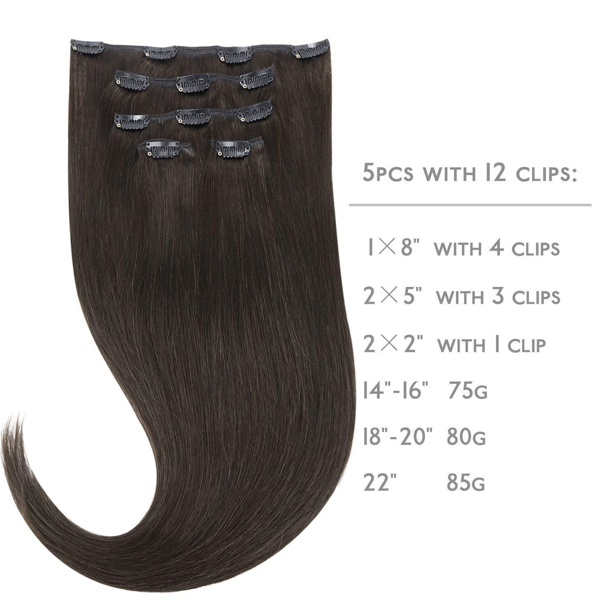 Echthaar Clip-in Extensions Dunkelbraun 40cm - 75g