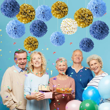 13 Stück Deko Pompons Lampions Hochzeit Einschulung Gold Blau