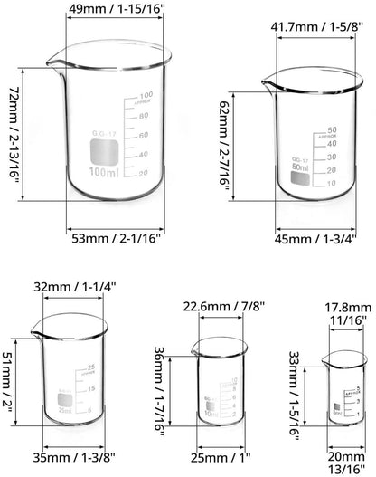 Abgestufte Messbecher Glas Set 5ml 10ml 25ml 50ml 100ml Labor Küche
