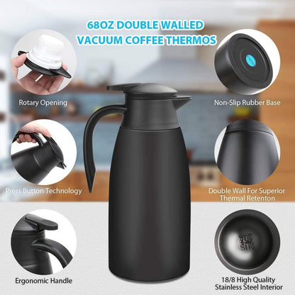 Thermoskannen 2L Edelstahl Isolierkanne Quick Tip Kaffee Tee Schwarz